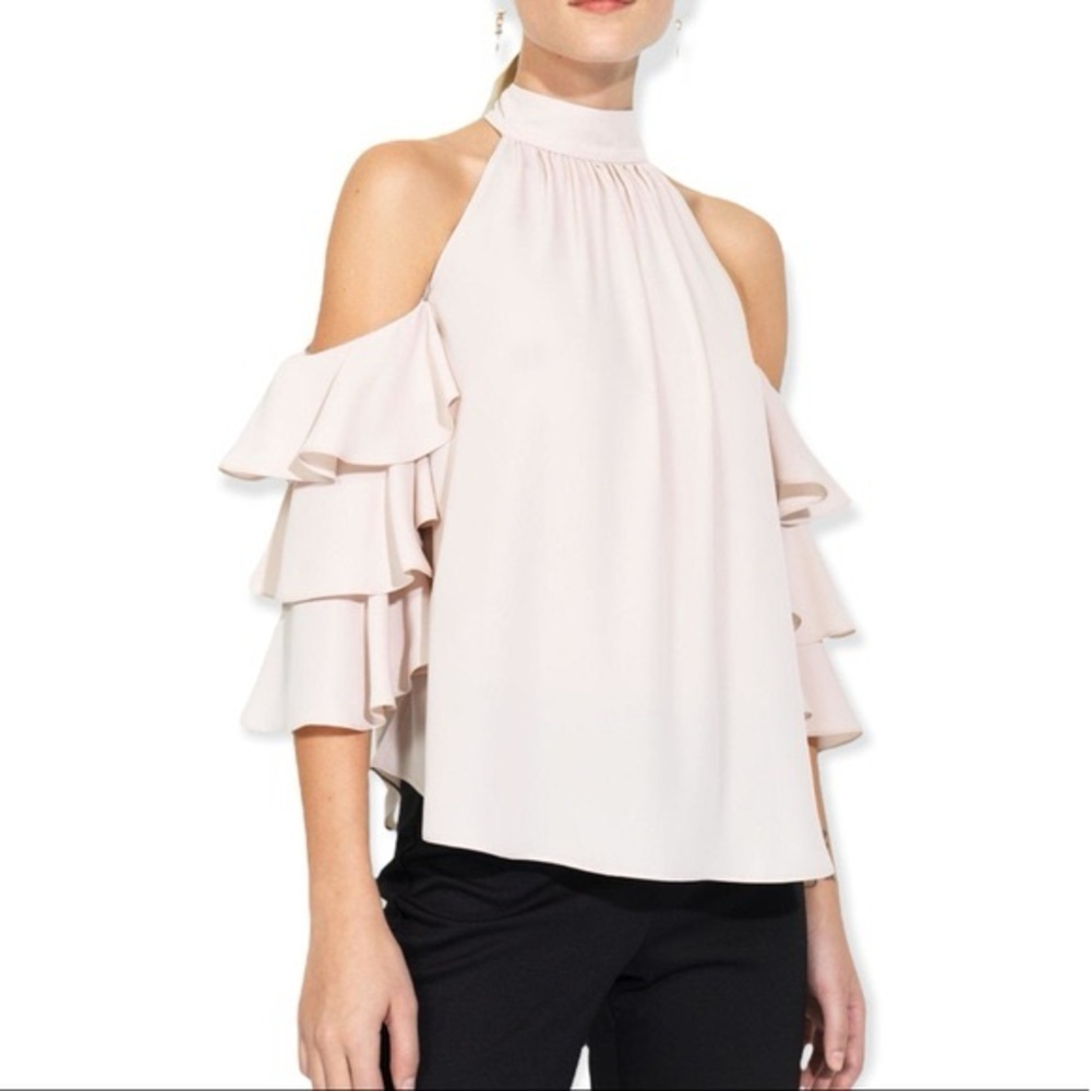 Amanda Uprichard Tan Cold Shoulder
Ruffled Blouse size S